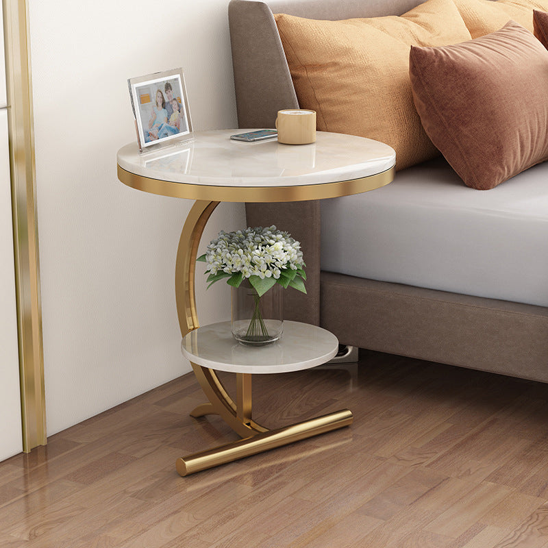 Minimalist Round Marble Metal 2-Tier Side Table — White Tabletop + Black Frame