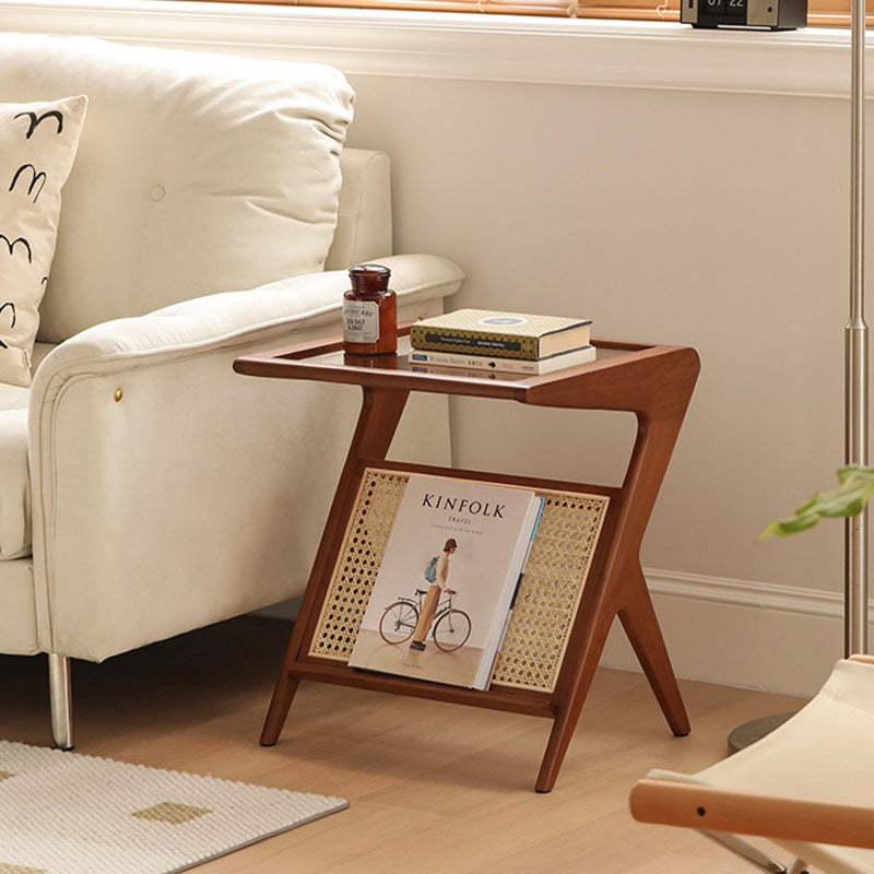 Japanese Rattan Rectangular Side Table 1-Shelf — Ash Wood - Walnut Color / Tea Color Glass