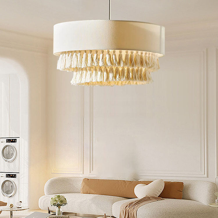 Boho Fabric Cylinder Tassel Braided Rope Chandelier