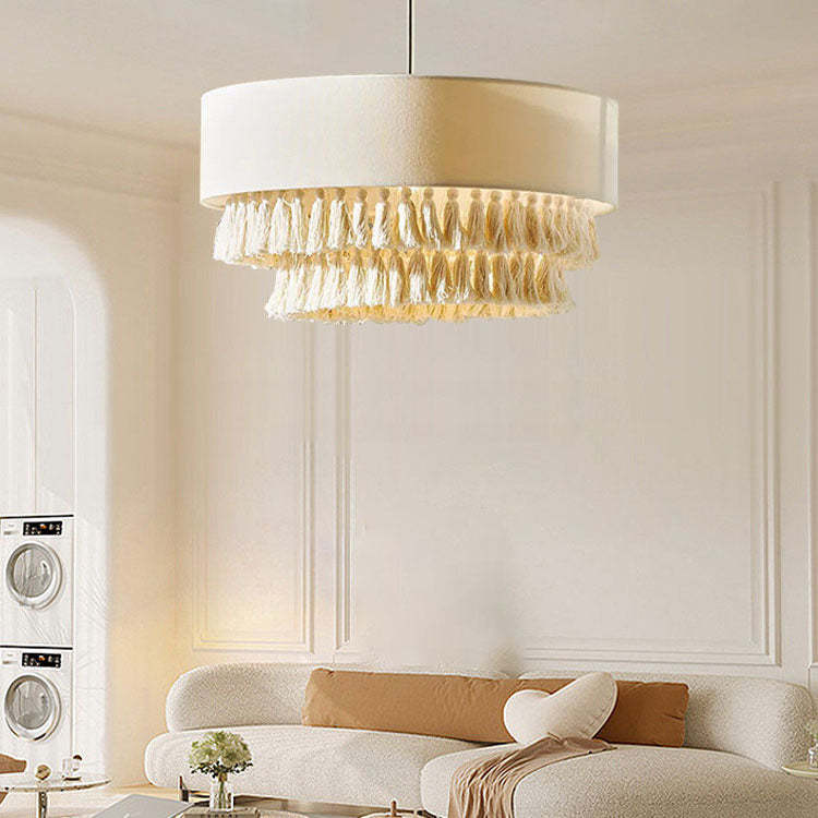 Boho Fabric Cylinder Tassel Braided Rope Chandelier