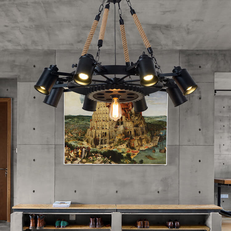 Industrial Retro Gear Wrought Iron Hemp Rope Chandelier