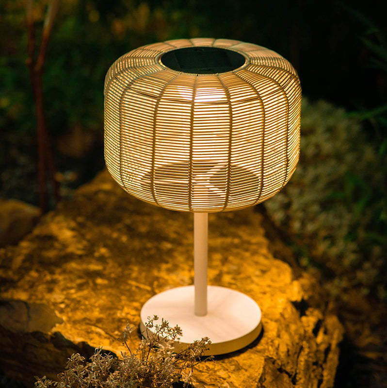 Retro Solar Woven Rattan Metal Cylinder LED Landscape Light