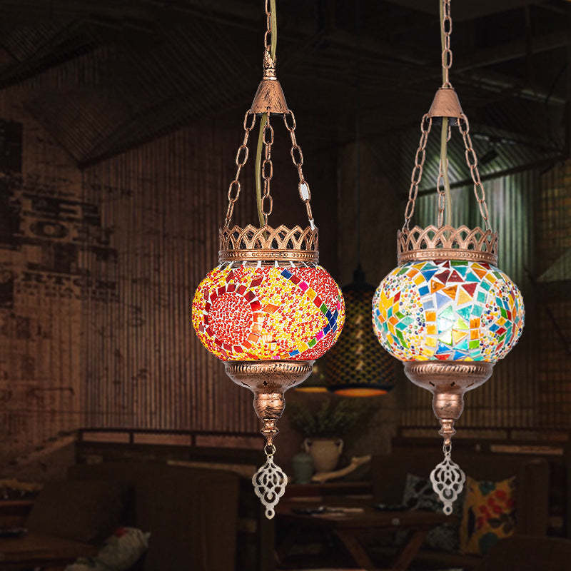 Boho Iron Stained Glass Ball Pendant Light