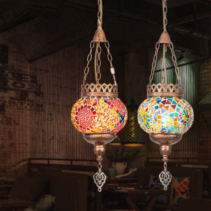 Boho Iron Stained Glass Ball Pendant Light