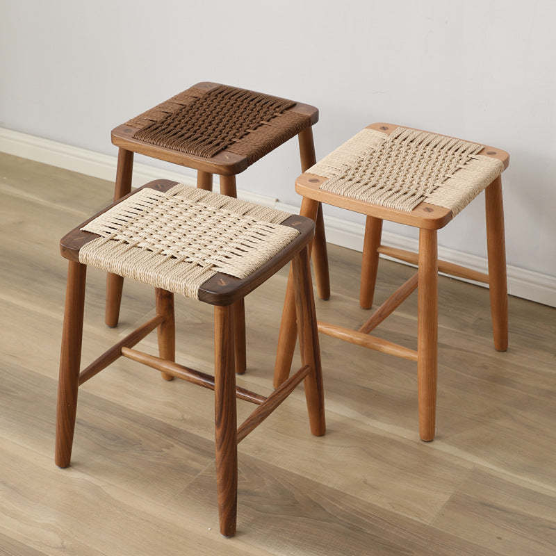 Japanese Rope Woven Wooden Bar Stool — Cherry Wood Color Frame + Original Color Paper Rope