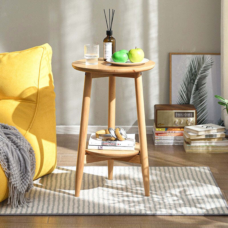 Scandinavian Round Wood 1-Shelf Side Table — Walnut Color