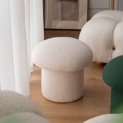 Scandinavian Lambswool Wood Round Mushroom Vanity Stool — Yellow