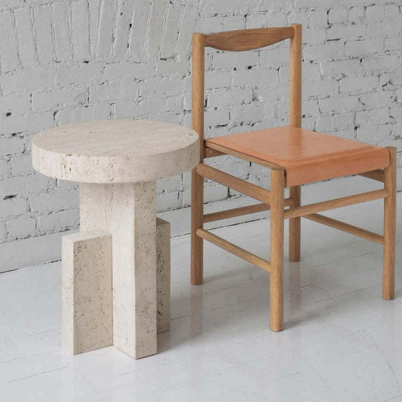Nordic Cross-Base Marble Side Table — Beige