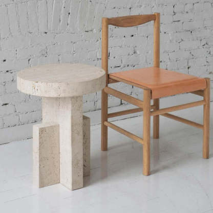 Nordic Cross-Base Marble Side Table — Beige
