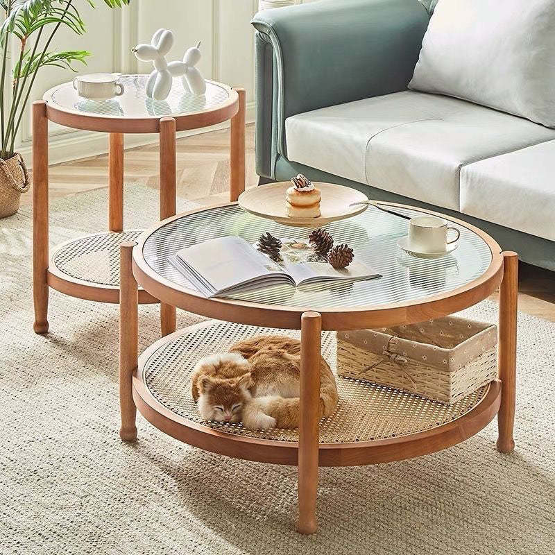Minimalist Solid Wood Glass Rattan Coffee Table