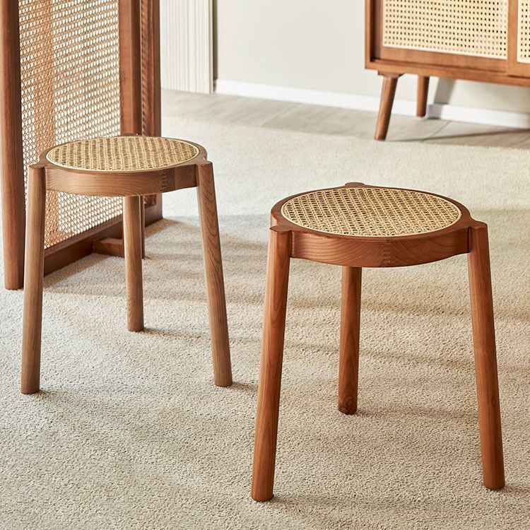Japanese Rattan Wood Stackable Low Stool — Round / Walnut Color