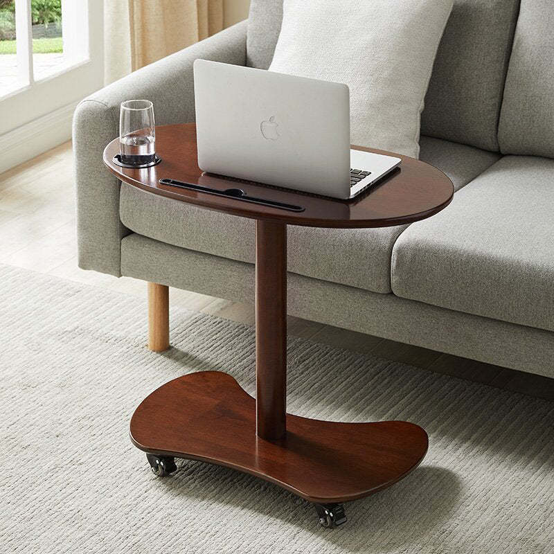 Minimalist Oval Solid Wood 4-Wheel Coffee Table — Medium - Dark Walnut Color