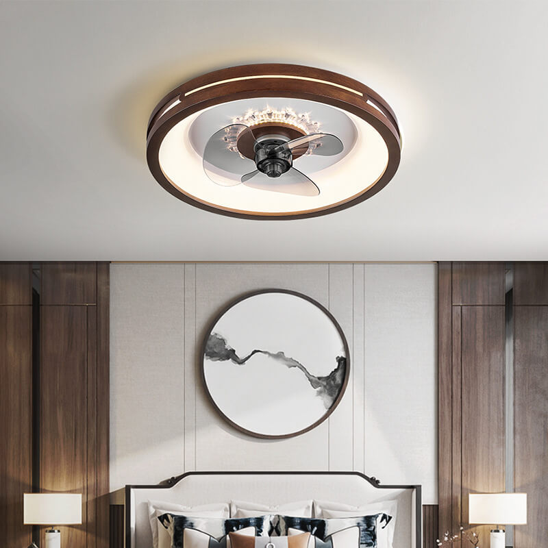 Chinese Walnut Round Acrylic LED Flush Mount Fan Light