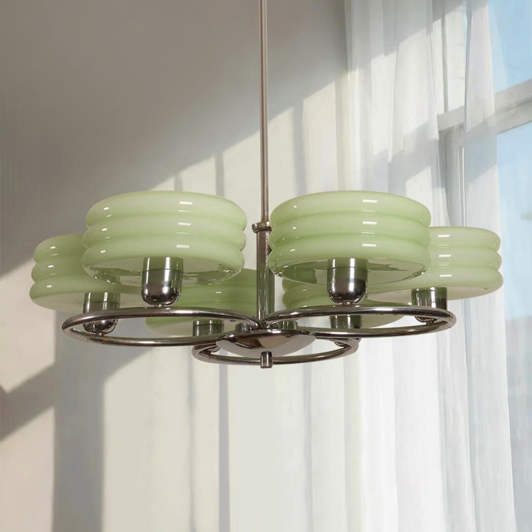 French Vintage Green Cream Glass Chrome Circle Chandelier