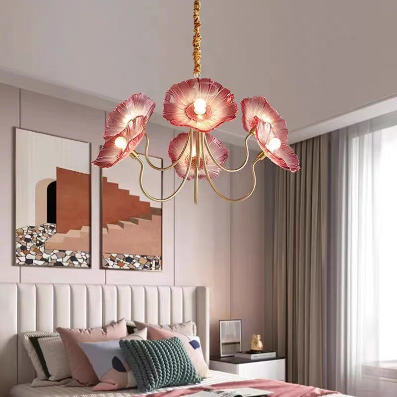 Art Deco Gold Lotus Leaf Glass Chandelier