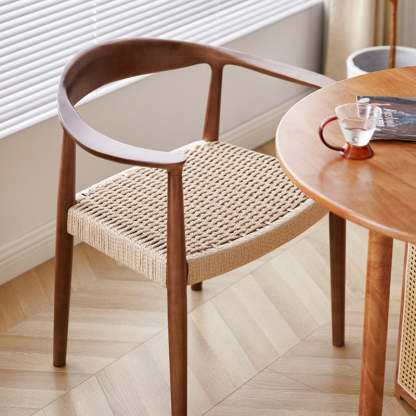 Vintage Braided Rope Wood Dining Chair — Walnut Color Frame + Original Color Braided Rope Seat