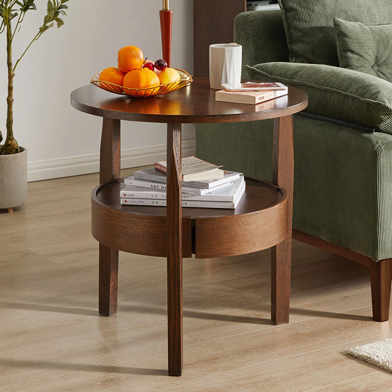 Retro Antique Oak Wood Circular End Table — Log Color