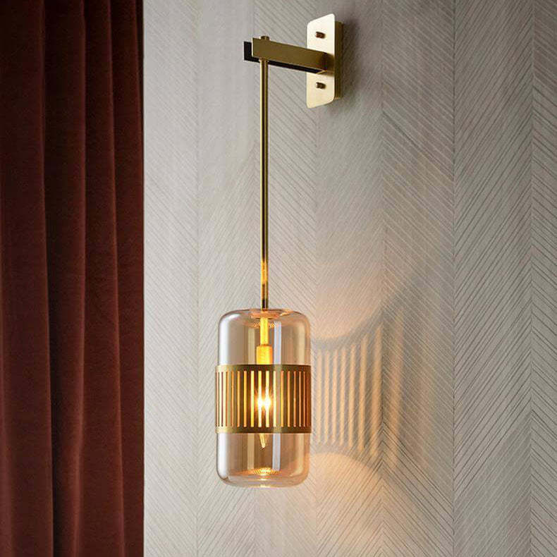 Vintage Brass Cylindrical Glass Wall Sconce — Amber / 220V-240V For UK/AU