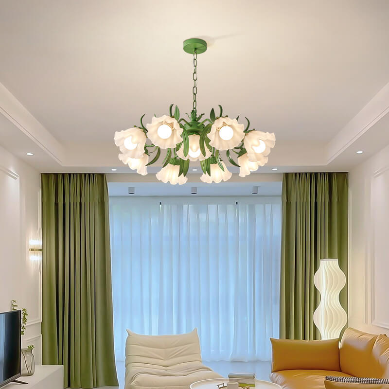 Contemporary Bell Orchid Iron Glass Chandelier