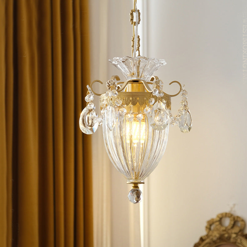 French Lantern Carved Copper Crystal Pendant Light