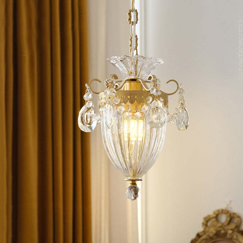 French Lantern Carved Copper Crystal Pendant Light
