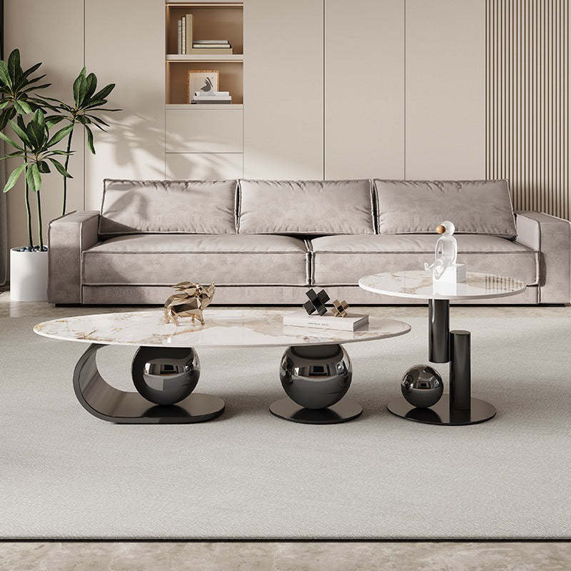 Nordic Elliptical Rock Plate Steel Coffee Table — Without Side Table / Black
