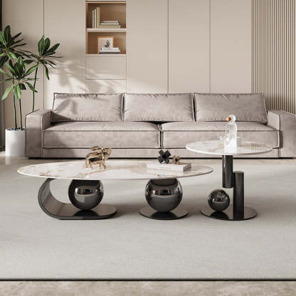 Nordic Elliptical Rock Plate Steel Coffee Table — Without Side Table / Black