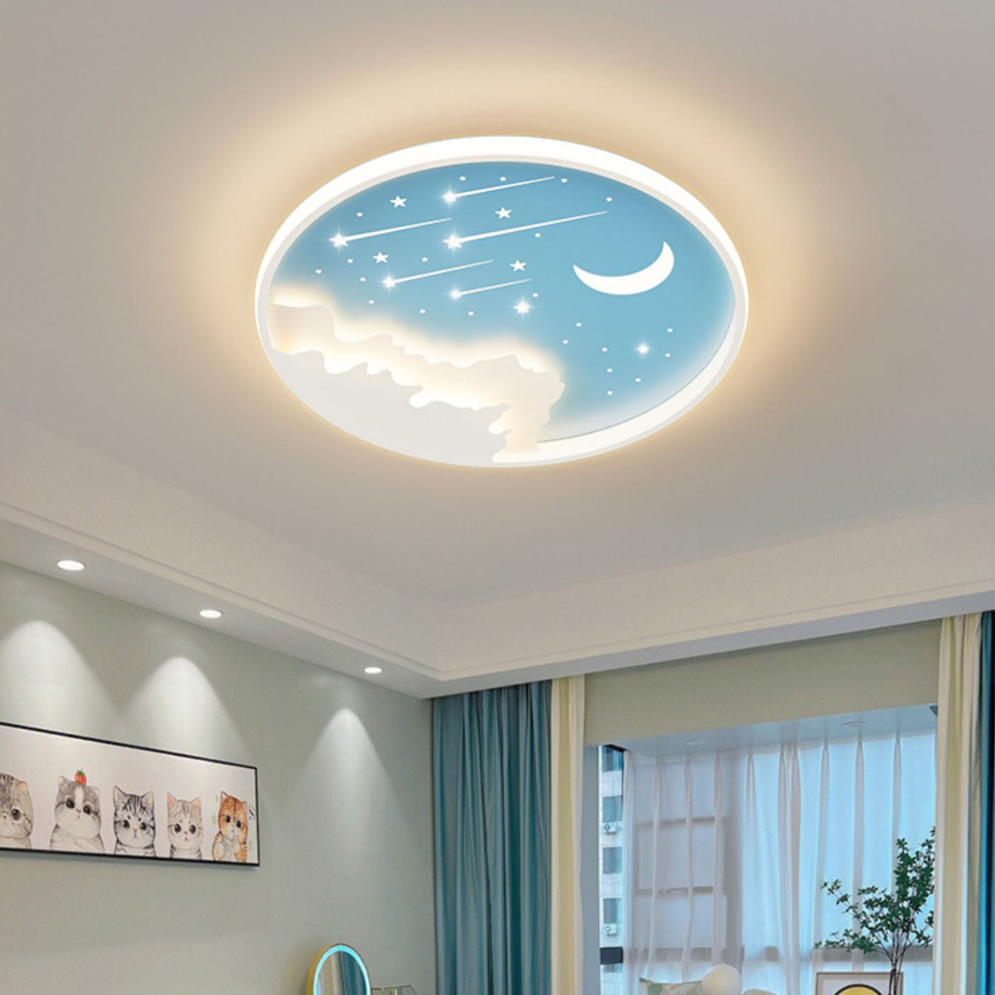 Lighom minimalist kids round blue flush mount lighting in iron — Small (12"H / Warm White (3000K) / White