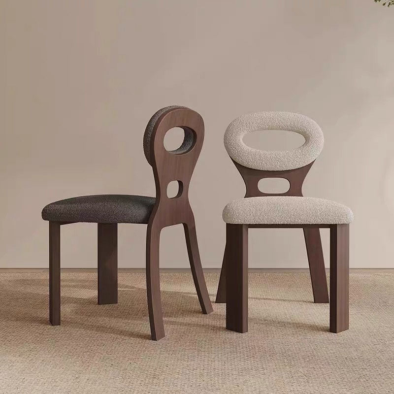 Nordic Oval Hollowed Lambswool Wood Dining Chair — Walnut Frame + Beige