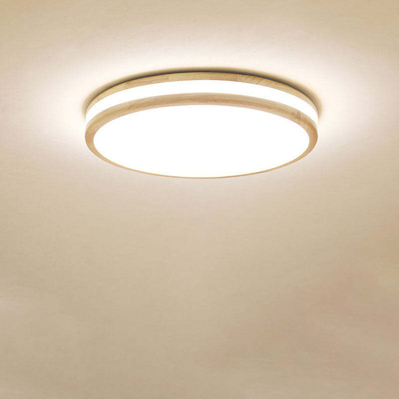 Japanese Round Wooden Slim LED Flush Mount Light — White Light (5000K) / 220V-240V For UK/AU
