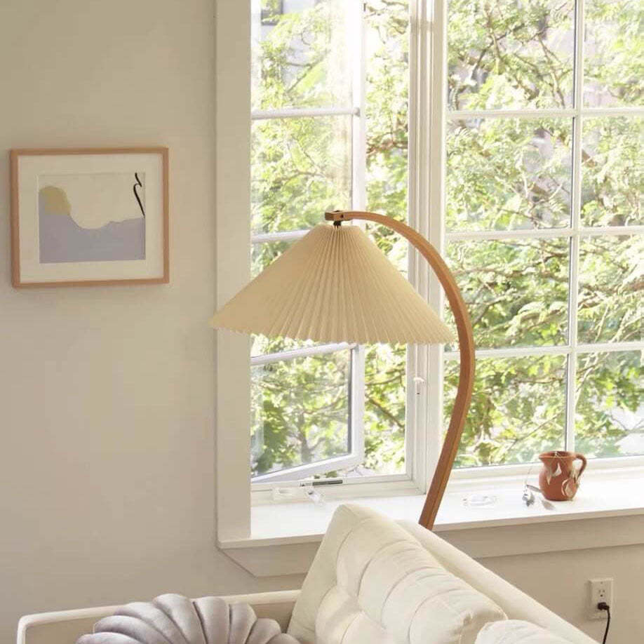 Japanese Pleated Fabric Curved Iron Floor Lamp