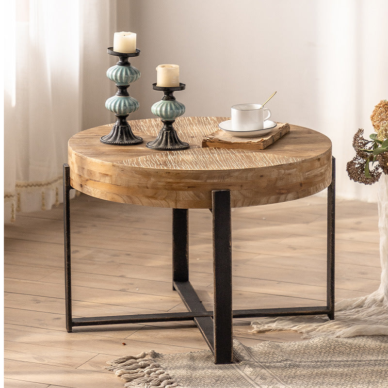 Vintage Distressed Wood Iron Cross-Leg Coffee Table