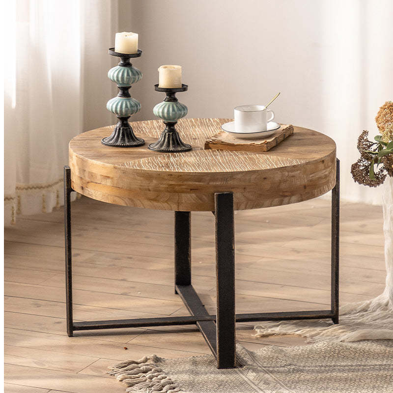 Vintage Distressed Wood Iron Cross-Leg Coffee Table