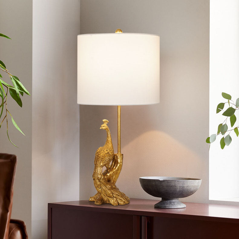 Vintage Cylindrical Peacock Resin Gold Fabric Lamp