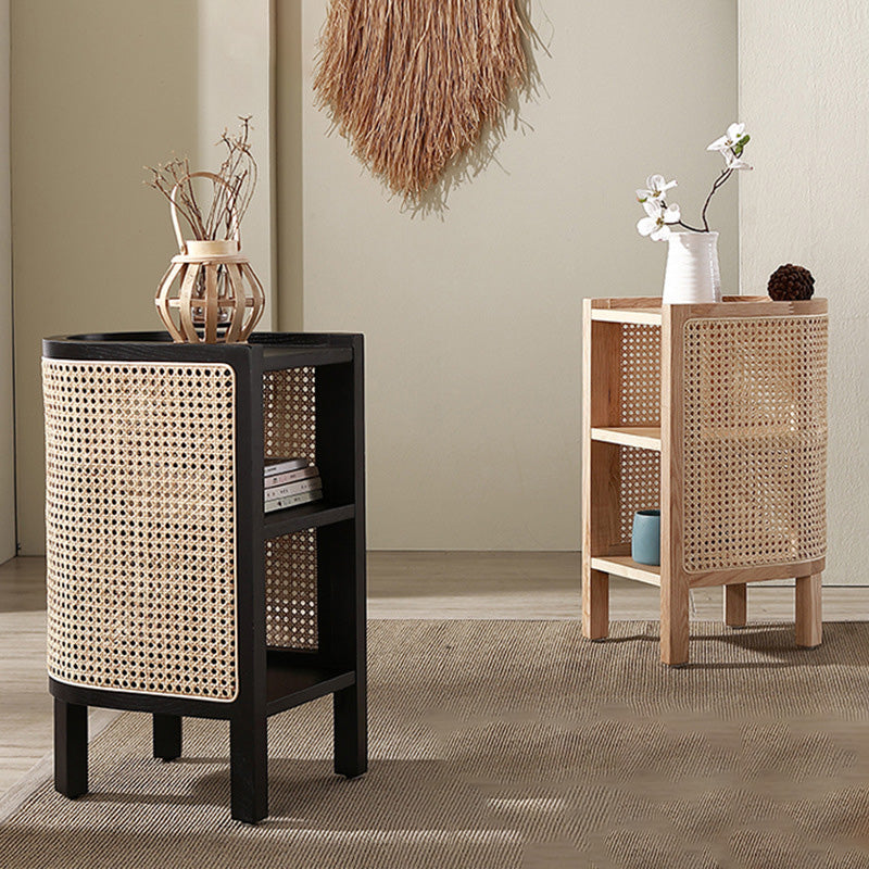 Japanese Half Oval Wood Rattan 3-Tier Nightstand — Walnut