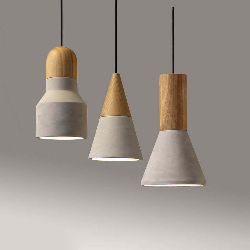 Industrial Cone Triangle Cement Rubber Wood Pendant Light