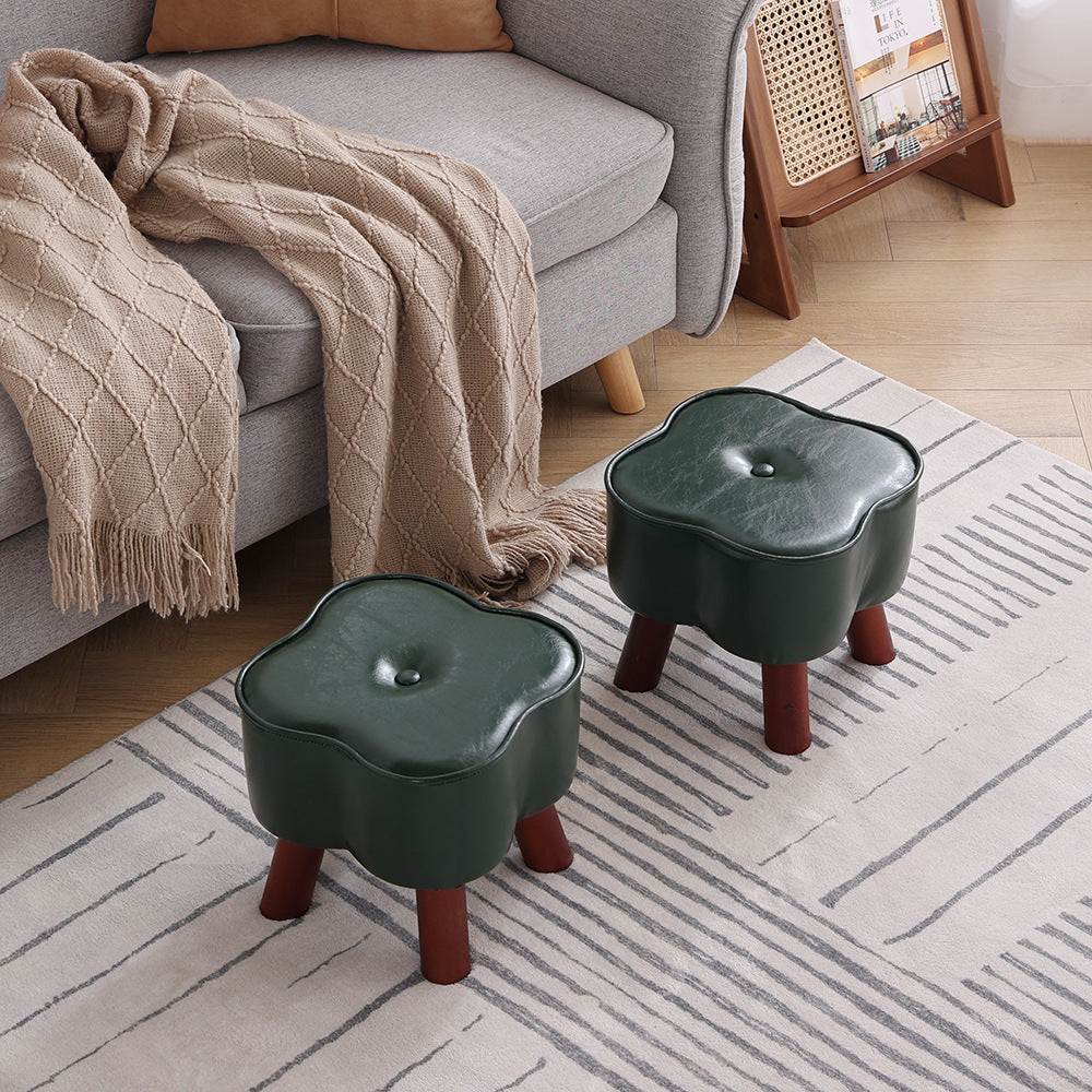 Modern Art Deco Clover Leather Wood Footstool