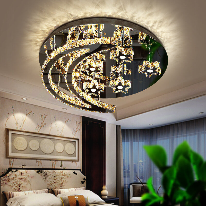 Romantic Stainless Steel Crystal Star Moon LED Flush Light