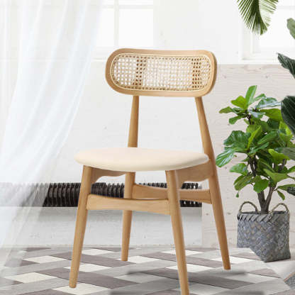 Japanese Faux Leather Wood Splayed-Leg Dining Chair — Log Color Frame + White Faux Leather Seat