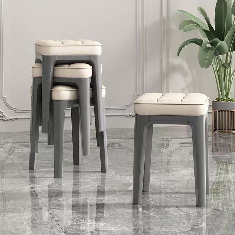 Contemporary Plaid Microfiber Leather Square Vanity Stool