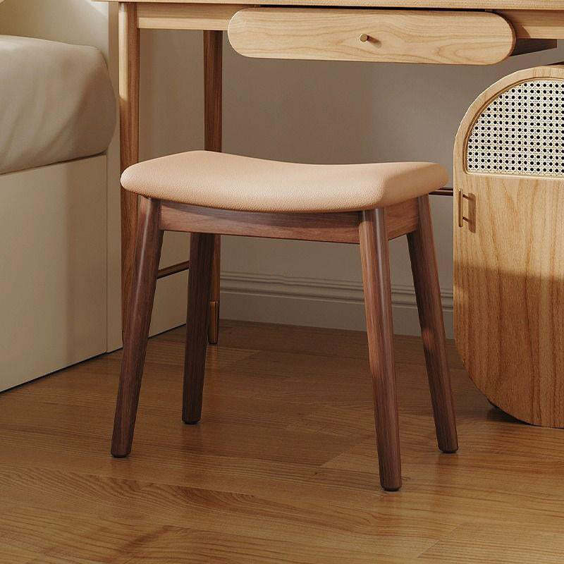 Minimalist Soft Leather Wood Vanity Stool — Black + Walnut Frame