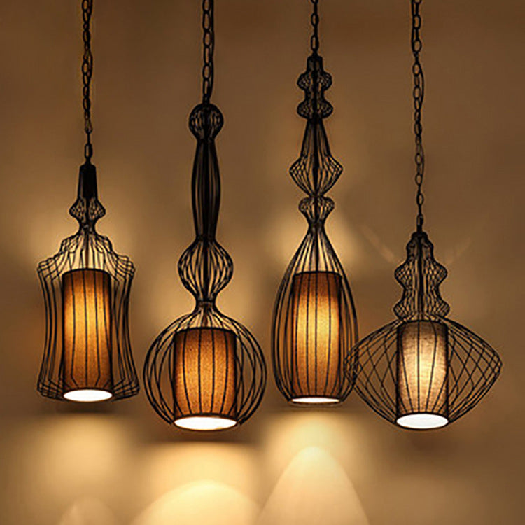 Industrial Iron Cage Fabric Pendant Light