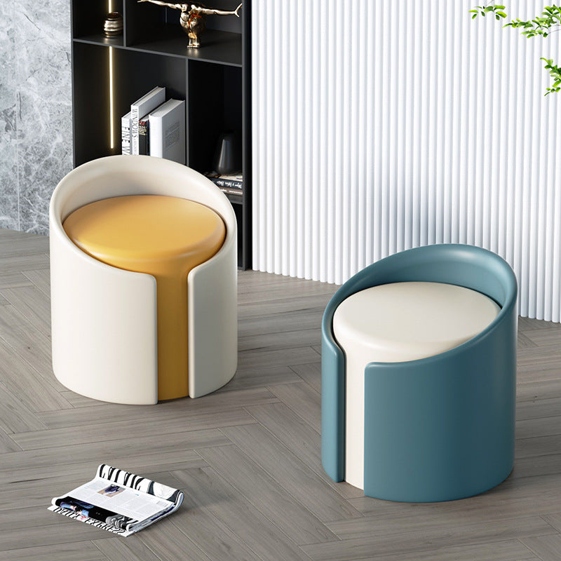 Minimalist Leather Wood Cylinder Footstool — Outside Orange & Inside White