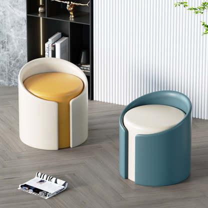 Minimalist Leather Wood Cylinder Footstool — Outside Orange & Inside White