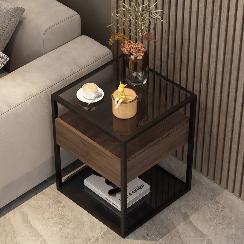 Wood minimalist end reinforced end & side tables — With Drawer / Tempered Glass / Black