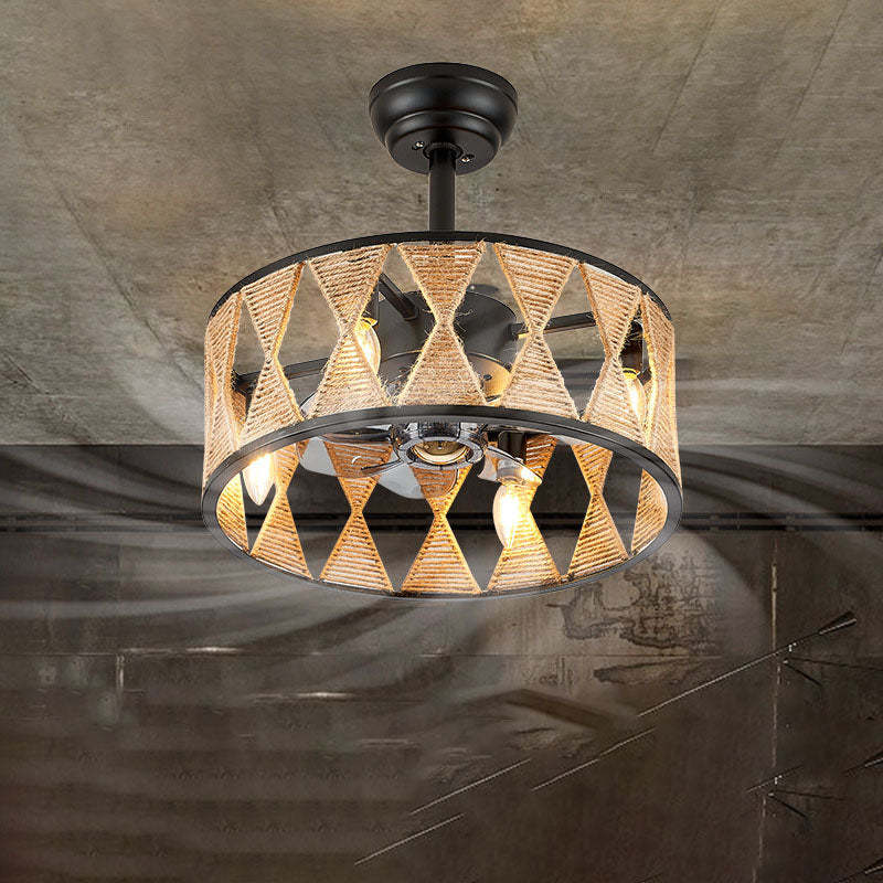 Industrial Hemp Rope Cylinder 4-Light Fan Light
