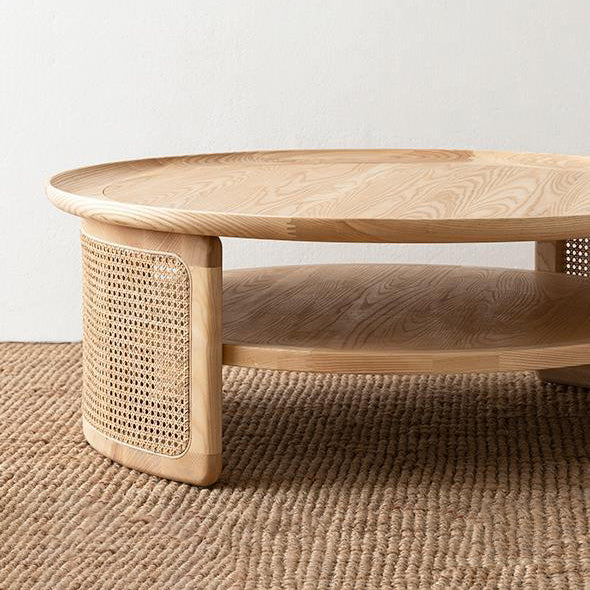 Nordic Round Wood Rattan 2-Tier Coffee Table