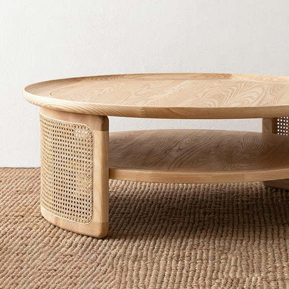 Nordic Round Wood Rattan 2-Tier Coffee Table