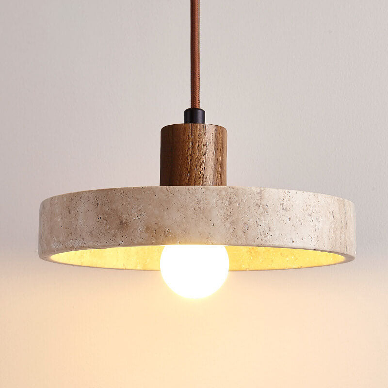 Japanese Solid Wood Disc Yellow Travertine Pendant Light