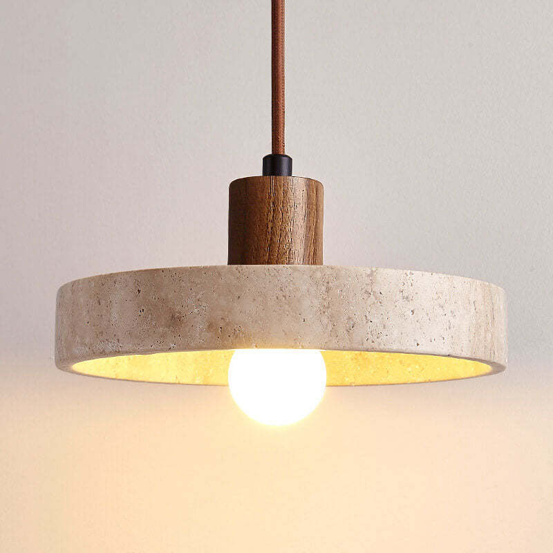 Japanese Solid Wood Disc Yellow Travertine Pendant Light